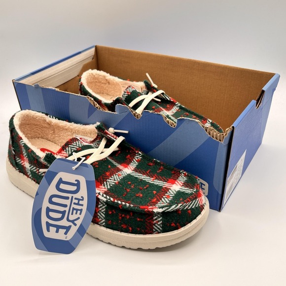 Hey Dude Shoes - Hey Dude Wendy Womens Size 8‎ Christmas Confetti Plaid Fur Lined Cozy Shoes NEW